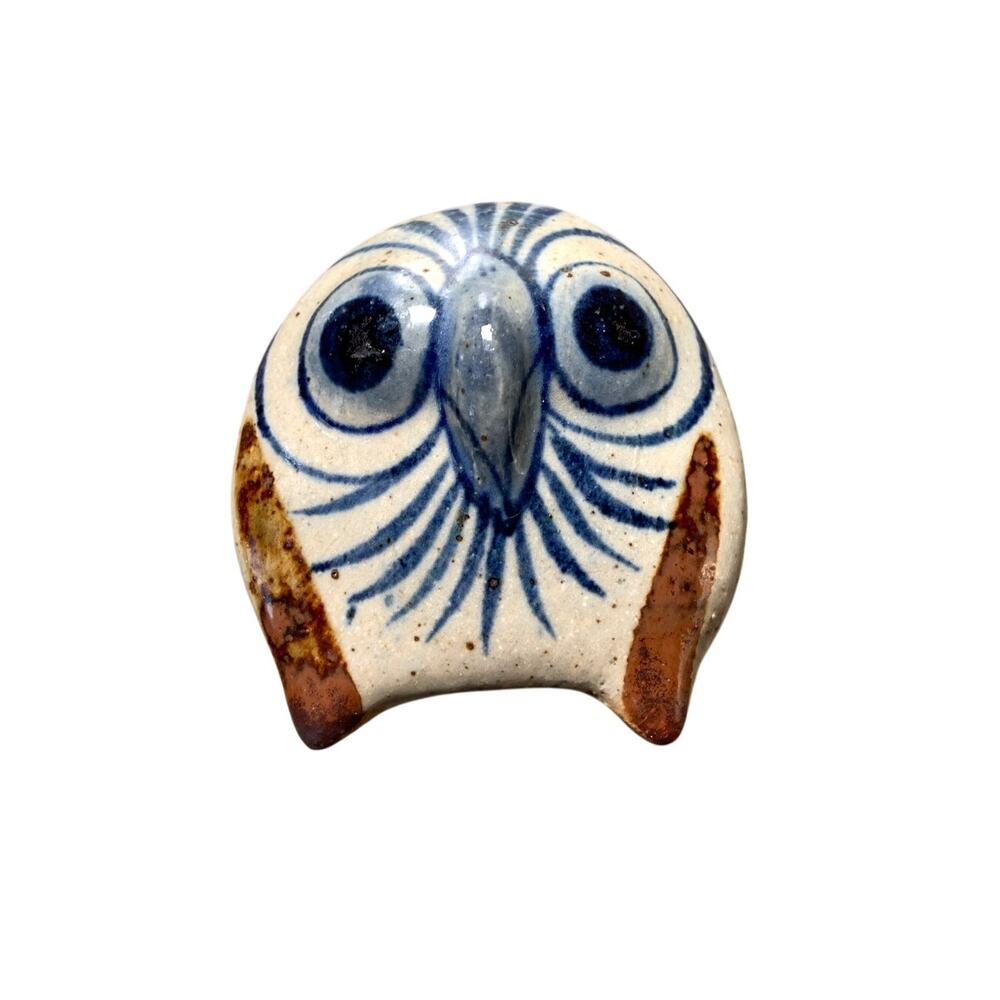Vintage 70s Miniature 2" Tonala Pottery Owl Signed WV Beige Blue Brown